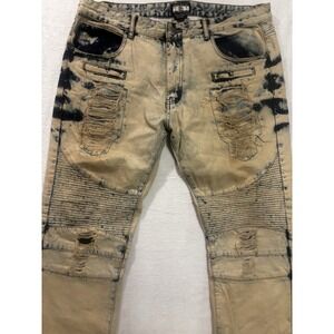 Gray Earth Men Y2K Distressed Moto Jeans Acid Wash Biker Denim‎ Pants Size 38x34